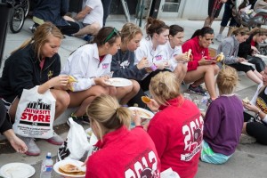 Participants enjoying breakfast shortly after the race.