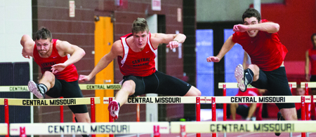 Senior Brent Vogel (center) won MIAA Men's Field Athlete of the Week after he claimed the decathlon title at the Texas State Bobcat Invitational last weekend. (Photo by ANDREW MATHER, Photo Editor)