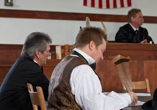 David Huff (as Francis Cockrell), Scott Umphrey (as George Graham Vest) and Dr. Frank Calhoon (as Judge Conklin) act out a scene in the historic trial of Old Drum where Vest delivered the famous "A Tribute to the Dog" speech.
