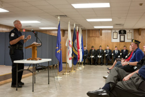Bruce Howey, Warrensburg chief of police, delivers a speech at the American Legion in Warrensburg. Howey spoke about the sacrifices made by members of the American military and the current struggles in the U.S. and across the globe. 