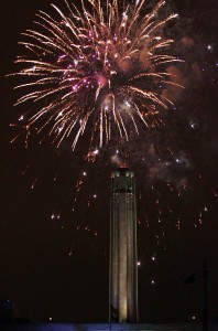 Fireworks of many colors burst behind the tower of the Liberty Memorial at the close of the event.