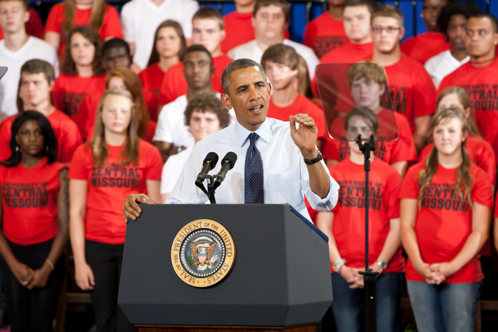 Photo by: TAZ HALL (digitalBURG) President Obama visited Warrensburg to speak about the economy and to commend the University of Central Missouri on its work with the Missouri Innovation Campus. The speech lasted roughly a half hour with over 1400 people in attendance. 