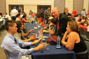 (Photo by NICOLE COOKE, digitalBURG) UCM President Charles Ambrose speaks with Missouri Innovation Campus student Brian Green, who introduced President Barack Obama Wednesday, during the post-speech community event in the Elliott Union.