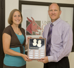 (Courtesy photo) Robin Krause, right, director of marketing and promotions at the University of Central Missouri, recently presented Courtney Niemuth, of Leeton, with the 2013 Carl B. Foster/John M. Inglish Prize in Public Relations. Niemuth is the manager of new media communications in the Office of University Relations at UCM.