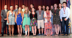 The students who have received the Academic Excellence Award for all four years are, (front row, from left) Cierra Collins, Jamie Embrey, Makayla Hill, Kalina Jurkowski, Alexander Burson, Loan Tran, Emma Thomas and Donovan Wiss. (Back row, from left) Superintendent Dr. Scott Patrick, Shane Ewing, Nicholas Piontek, Conor Tenbus, Lauren Landwehr, Renee Warden and Emily Wright.
