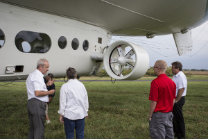 Tour Guide David Burne (left) and Mats Backlin (right) explain the aircraft's history to Ann Houx, of Warrensburg, and Matt Fischer, of Warrensburg.