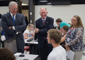 By BRANDON BOWMAN/PHOTO EDITOR (From left) Gov. Nixon and President Chuck Ambrose speak with freshman Jesse Lynch, conservation enforcement major, Tuesday about why he chose to attend UCM.