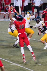 Wide receiver Tyler Jones goes airborne to bring in a reception in the third quarter.