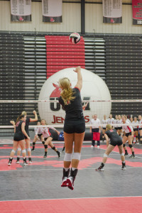Carly Sojka serves during the Peggy Martin Challenge between the Jennies and the St. Cloud Huskies in which UCM won the game with the score of 3-0.