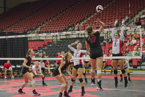 Cheyanne Lyons hits a spike during the Peggy Martin Challenge between UCM and St. Cloud.