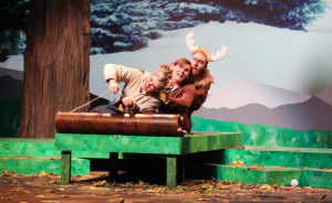 PHOTOS BY BETHANY SHERROW / ASSISTANT NEWS EDITOR From left, Hannah Michaelree, Zach Craft and Austin Hook play animal characters who sled down a mountain on their way to America from Canada. The play "Gustav: The Goose Who Wouldn't Fly" by Matt Fotis premiered Friday evening in the Highlander Theatre.