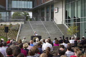 PHOTO BY STEVEN SPEARS / NEWS EDITOR UCM President Chuck Ambrose gives his annual state of the university address Thursday afternoon on the south side plaza of The Crossing - South at Holden.