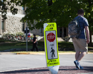 PHOTO BY BRANDON BOWMAN / PHOTO EDITOR Crosswalk signs around campus have taken damage and 13 have been taken since their installment in mid-April. 