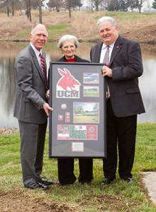PHOTOS SUBMITTED BY UCM PHOTO SERVICES From left, President Chuck Ambrose, Audrey J. Walton and UCM Athletic Director Jerry Hughes pose for a photo at the Walton Clubhouse dedication in 2011.