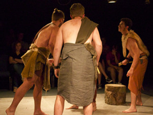 From left, Nicholas Pogue as Peno, Carter Higgs as Engo and Max Docktor as Den, confront each other Friday night in the Black Box Theatre in Nickerson Hall, as part of the Studio Theatre One-Act “The Birth of Theater.”