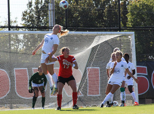 PHOTO BY ALEX AGUEROS / SPORTS EDITOR Senior forward Julie Ireland (13) attempts to play a ball near the goal Sunday, Oct. 18., against Northeastern State.