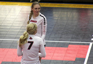 PHOTO BY ALEX AGUEROS / SPORTS EDITOR Junior setter Kourtney Thompson and senior outside hitter Carly Sojka (7) were key in defeating No. 16 ranked Nebraska-Kearney Saturday.