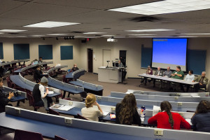 Matt Bird-Meyer, faculty adviser of the Muleskinner and digitalBURG, sits third from the right on a panel of student-newspaper advisers at the media ethics conference Monday at Missouri Western.