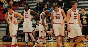 The Mules starters take the floor after a timeout in the first half of a 69-68 loss to Fort Hays State University Dec. 17, at the Multipurpose Building. PHOTO BY ALEX AGUEROS