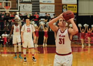 Spencer Reaves, 31, attempts a free throw in the second half of a 69-68 loss to Fort Hays Dec. 17, at the Multipurpose Building. The Mules were 20-for-33 at the free throw line in their one-point loss. PHOTO BY ALEX AGUEROS.