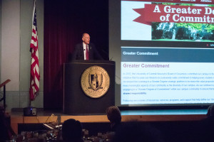 President Chuck Ambrose welcomes guests at the University of Central Missouri’s annual Freedom Scholarship Dinner on Tuesday in the Elliott Student Union ballroom. 