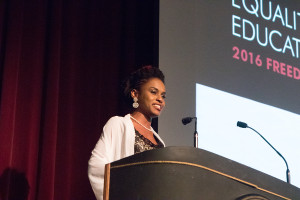 Agatha Holland, a graduate student at UCM, took the stand for a solo performance that received a standing ovation at the Freedom Scholarship Dinner. 