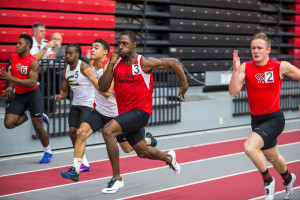 PHOTO SUBMITTED BY UCM MEDIA RELATIONS In lane 3, senior Marquis Jones wins the 60 M dash with a time of 6.97 seconds at the UCM Invitational on Friday, Jan 22.