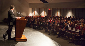 PHOTO BY BRANDON BOWMAN / PHOTO EDITOR Scott Patrick, superintendent of Warrensburg R-VI School District, introduces the Innovation Track program to high school freshmen Tuesday morning in the lecture room of Warrensburg High School.