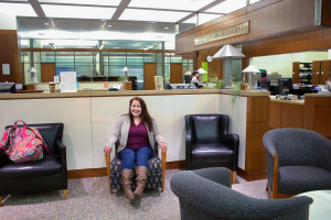 PHOTO BY BETHANY SHERROW / FEATURES EDITOR Brooke Blythe sits in the James C. Kirkpatrick Library, where she spends much of her time.