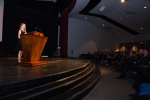 PHOTO BY BRANDON BOWMAN / PHOTO EDITOR High school senior Ashleigh Burnett shares about her experience and successes in dual credit classes with high school freshmen Tuesday morning in the lecture room of Warrensburg High School.