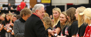 PHOTO SUBMITTED BY UCM ATHLETIC DEPARTMENT Athletic Director Jerry Hughes presented the 2015 Jennies track and field team with their national championship rings during halftime of the Mules basketball game against Lindenwood on Jan. 13.