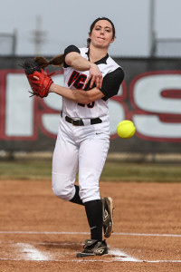 PHOTO BY ANDREW MATHER / PHOTOTGRAPHER Freshman pitcher Emily Robinson pitched a complete game, allowing just two hits and one run while striking out five. At the plate, Robinson was 2-3 with one RBI during game one’s 5-1 win against the Truman Bulldogs Monday at the South Recreational Complex.