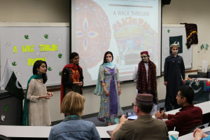 PHOTO BY DONGGYUN HAN From left, Marium Rasheed, Sidra Muntaha, Anam Munir, Fahad Ali and Haroon Rasheed presented their country Pakistan in Wood Building.