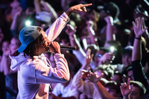 PHOTO BY MARIE NABORS / PHOTOGRAPHER Khalif "Swae Lee" Brown of Rae Sremmurd performs for excited UCM students.