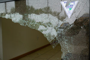 PHOTO BY BRANDON BOWMAN / PHOTO EDITOR The broken door that was found at the front entrance of the Shiloh Missionary Baptist Church on N. Main St. 