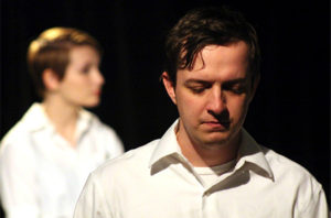 Nate Weber, playing the professor, has a solemn moment during “Lot 13: The Bone Violin” at the Department of Theatre and Dance’s One-Acts in Nickerson BlackBox. Leah Eggiman provided dialogue as the doctor.