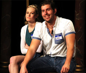 Nicholas Pogue, playing Leo, smiles as he admires Michelangelo’s "David" during “Full Frontal Nudity” at the Department of Theatre and Dance’s One-Acts in Nickerson BlackBox. Danielle Sachse plays Lana.