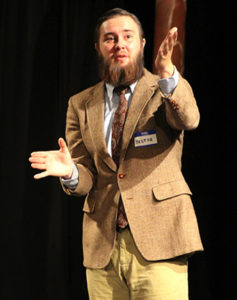 Sam Wells, playing Hector, reacts to Michelangelo’s "David" during “Full Frontal Nudity” at the Department of Theatre and Dance’s One-Acts in Nickerson BlackBox. 