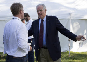 PHOT BY MATT BIRD-MEYER / FACULTY ADVISER From left, Attorney General Chris Koster and Democratic candidate for governor, speaks with Gov. Jay Nixon Thursday outside of the Director’s Tent during the Missouri State Fair Governor’s Ham Breakfast in Sedalia.