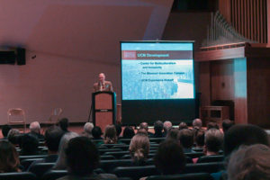 PHOTO BY MYLES VANN/PHOTOGRAPHER President Chuck Ambrose presents the State of the University address Thursday, Sept. 15 in Hart Recital Hall.