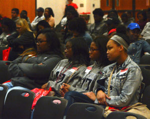 PHOTO BY CASSIE SLANA / SENIOR WRITER  Students participating in Multicultural Day watch a presentation about financial aid Wednesday, Nov. 9, in the Elliott Student Union before touring campus.