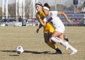 PHOTOS BY STEVEN SPEARS / MANAGING EDITOR Redshirt sophomore Jada Scott (9) was named MIAA Offensive Player of the Year after her performance this season. Scott racked up 16 goals and 8 assists on the season. 